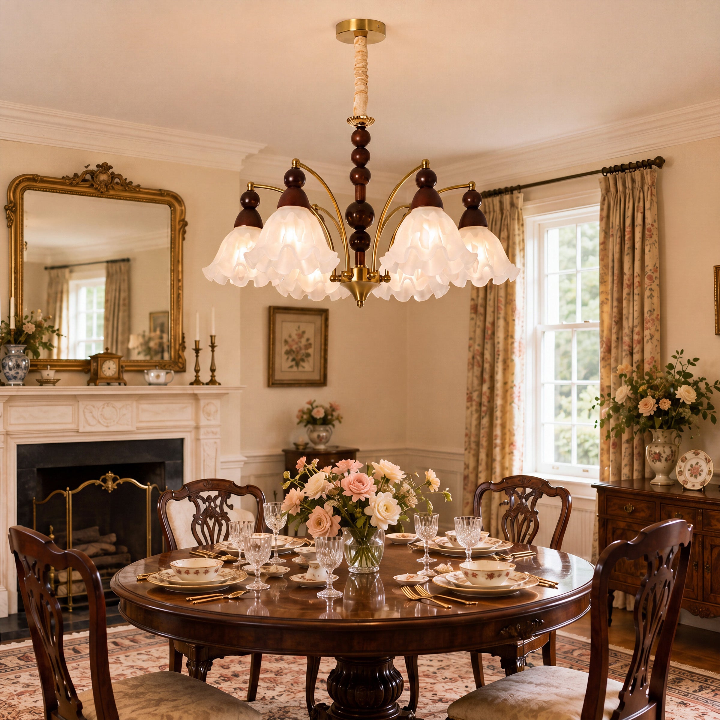 6-light chandelier with white glass shades in an elegant lounge setting