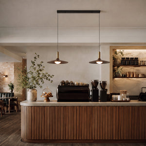 walnut double pendant light in a warm living room
