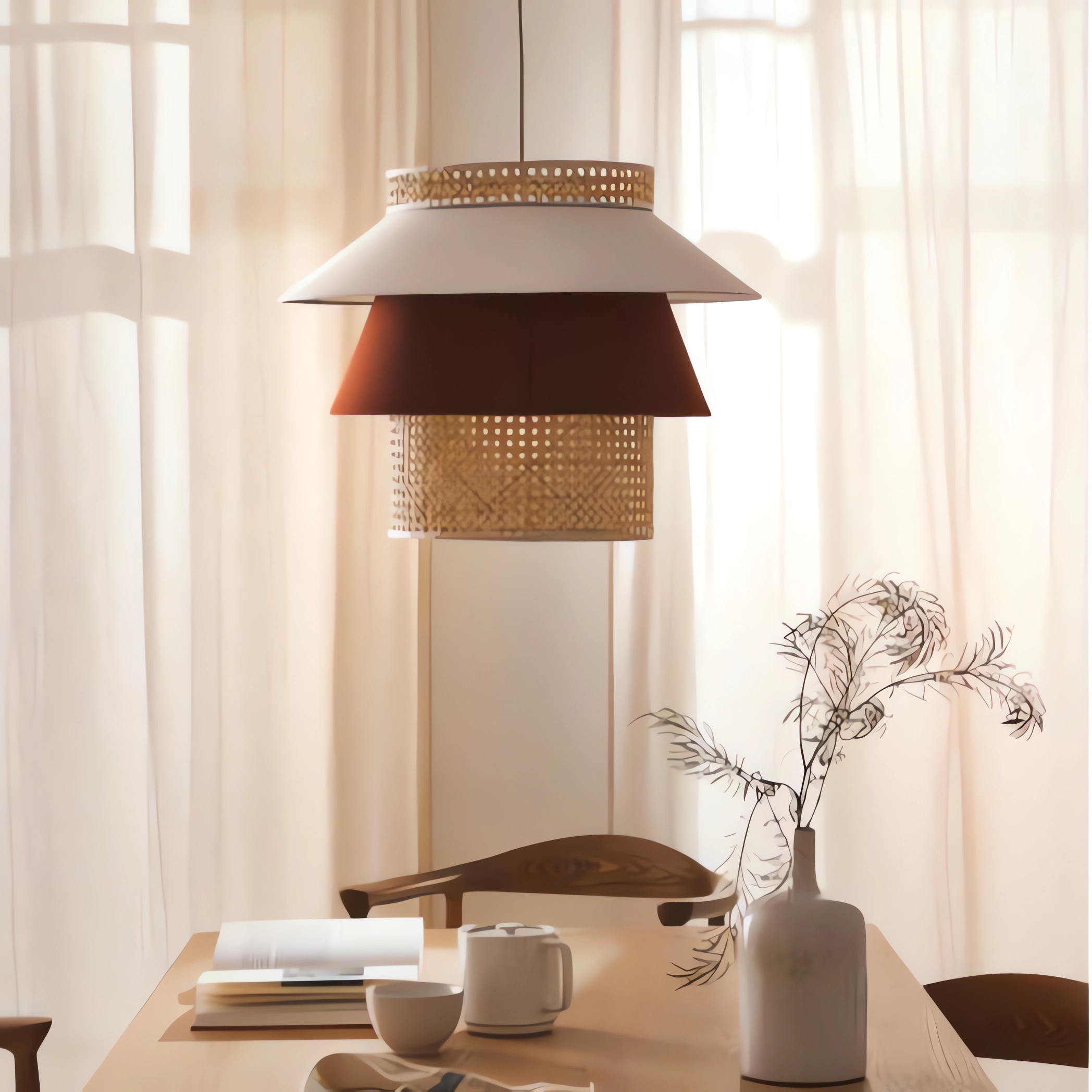 Hat-Shaped LED Light Combining Rattan and Fabric Pendant Light