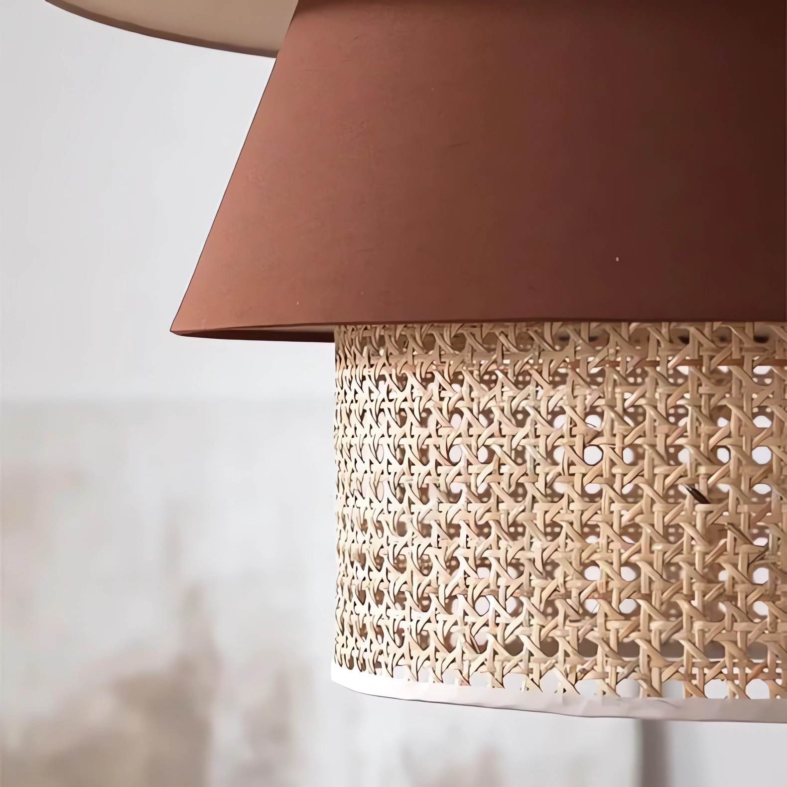 Hat-Shaped LED Light Combining Rattan and Fabric Pendant Light