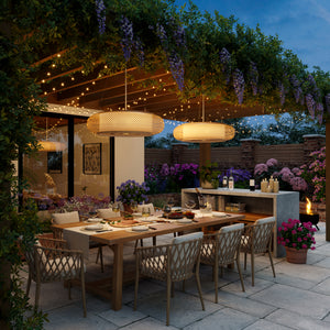 rattan pendant lights in a garden patio dining area