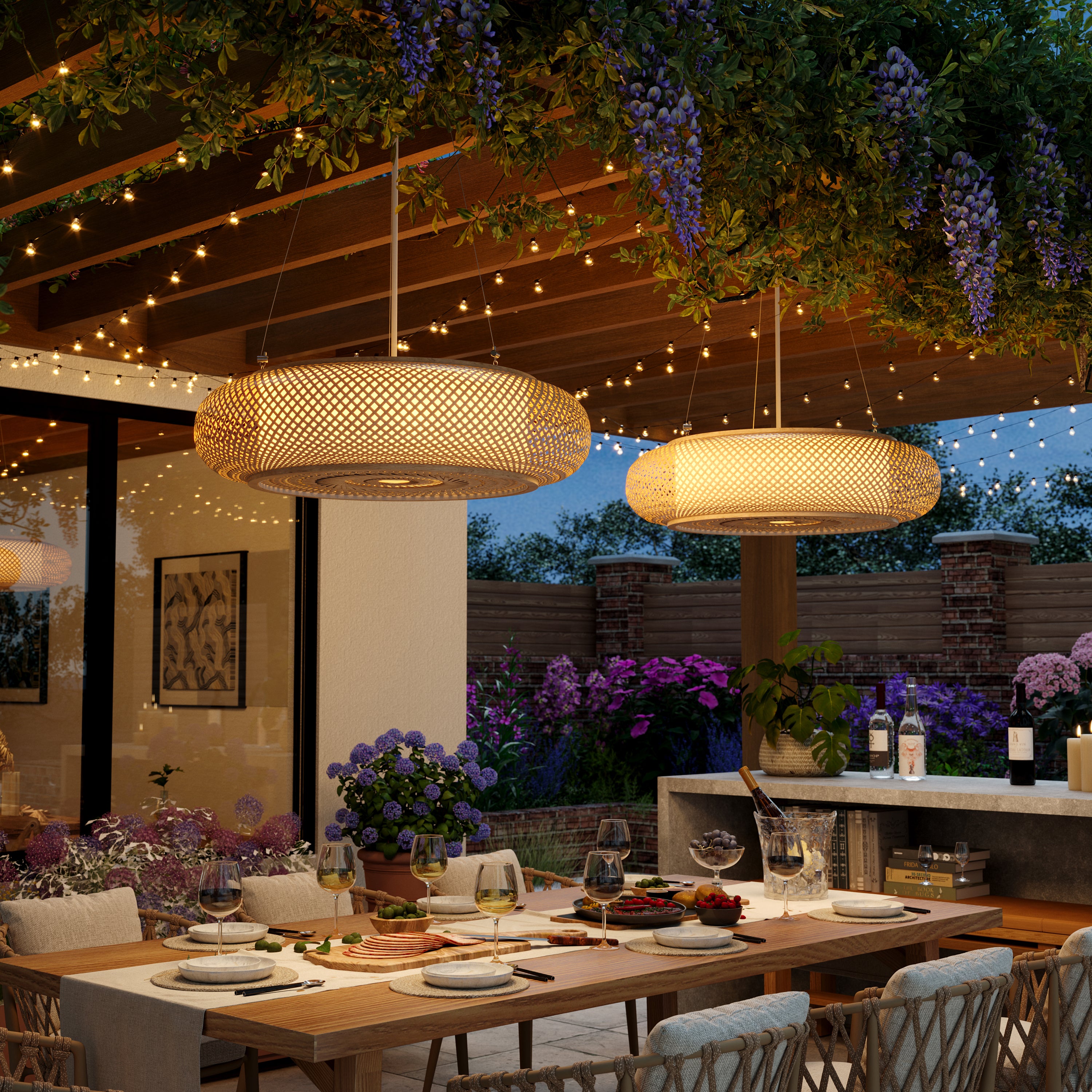 rattan pendant lights over a covered patio dining table