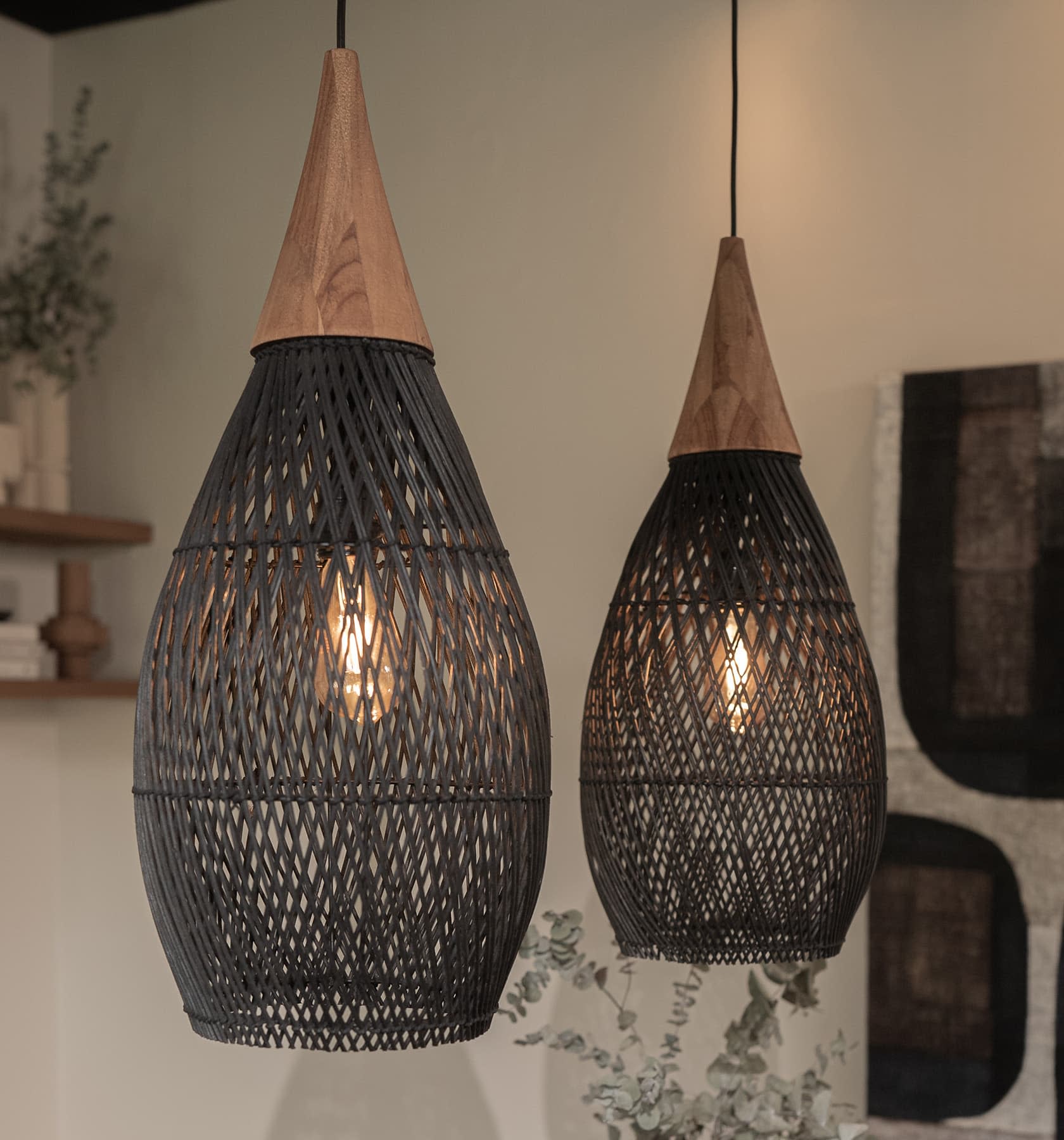 Handcrafted Water-Drop Shaped Rattan and Wood Pendant Light