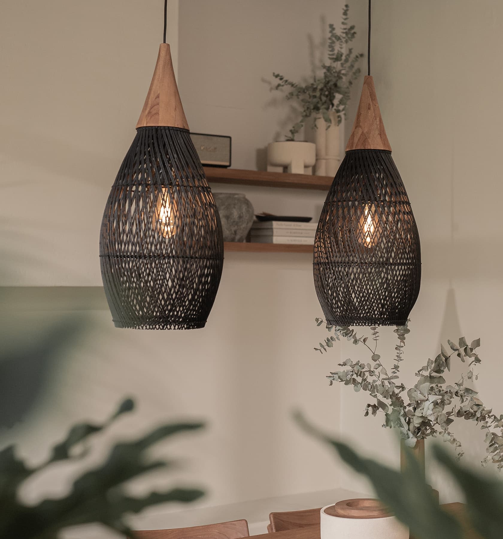 Handcrafted Water-Drop Shaped Rattan and Wood Pendant Light