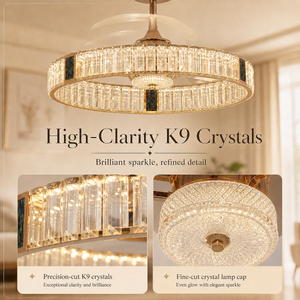 Gold crystal ceiling fan with light styled for a UK bedroom or living room