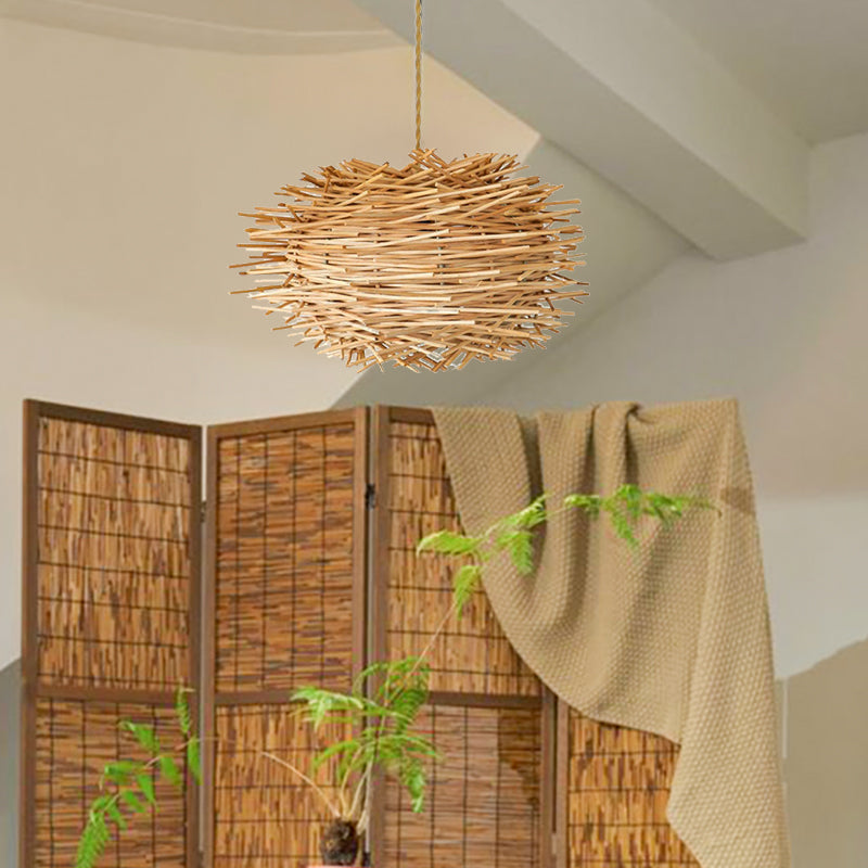 Wood-Colored Bamboo Art Bird's Nest Spiral Pendant Light