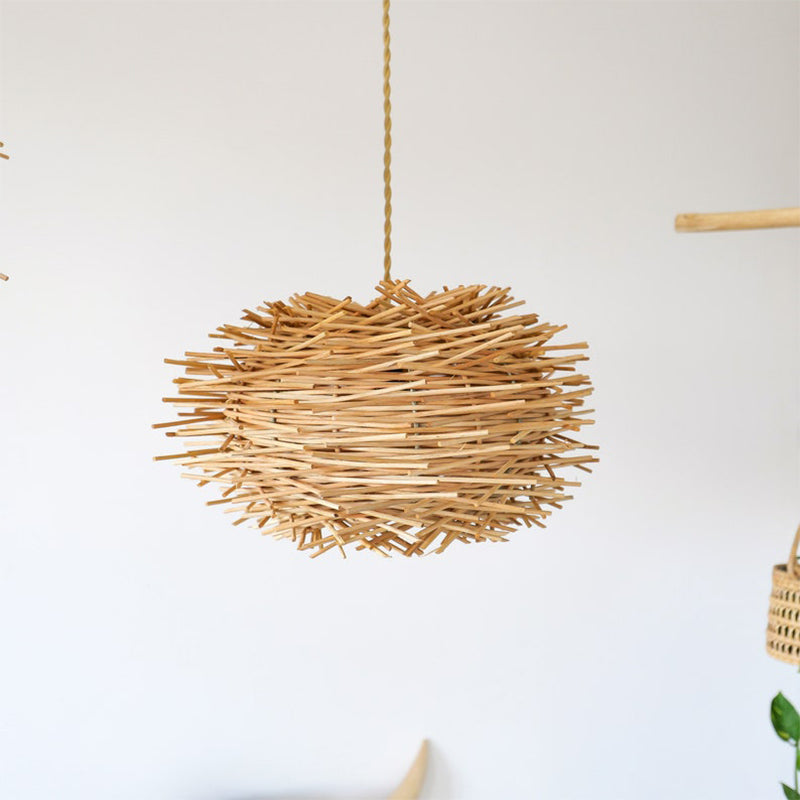 Wood-Colored Bamboo Art Bird's Nest Spiral Pendant Light