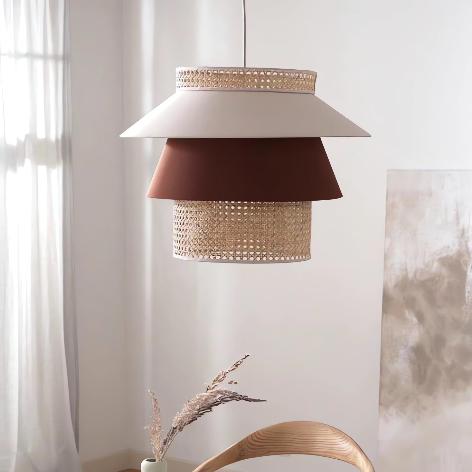 Hat-Shaped LED Light Combining Rattan and Fabric Pendant Light