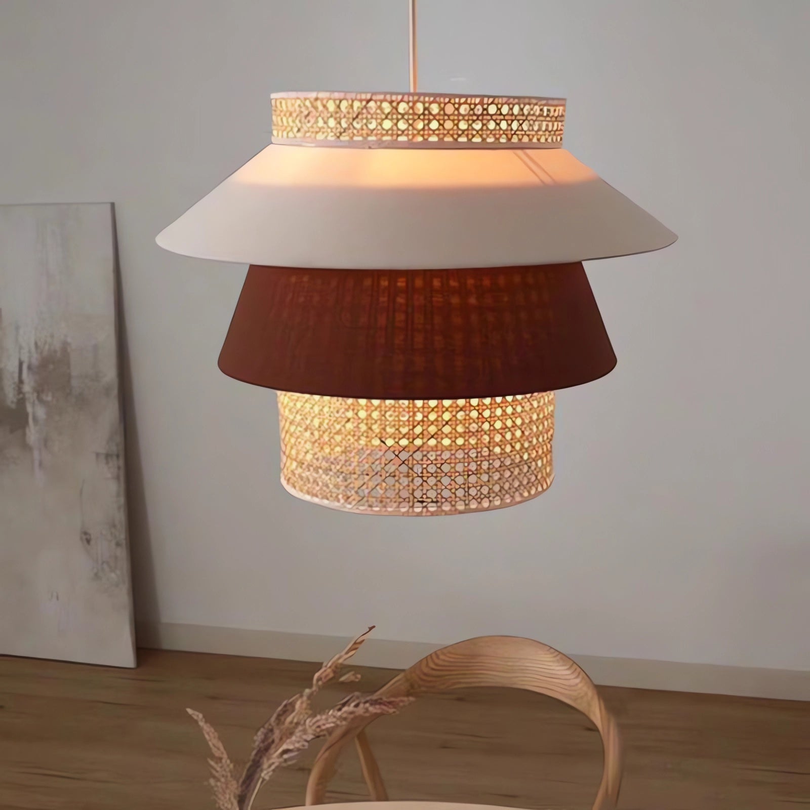 Hat-Shaped LED Light Combining Rattan and Fabric Pendant Light