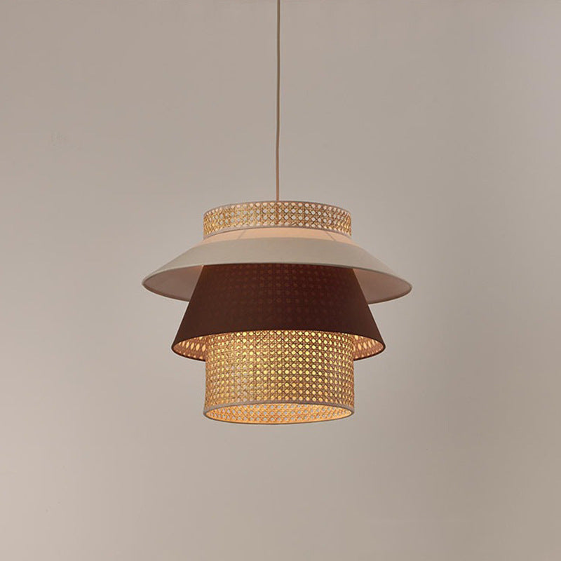 Hat-Shaped LED Light Combining Rattan and Fabric Pendant Light