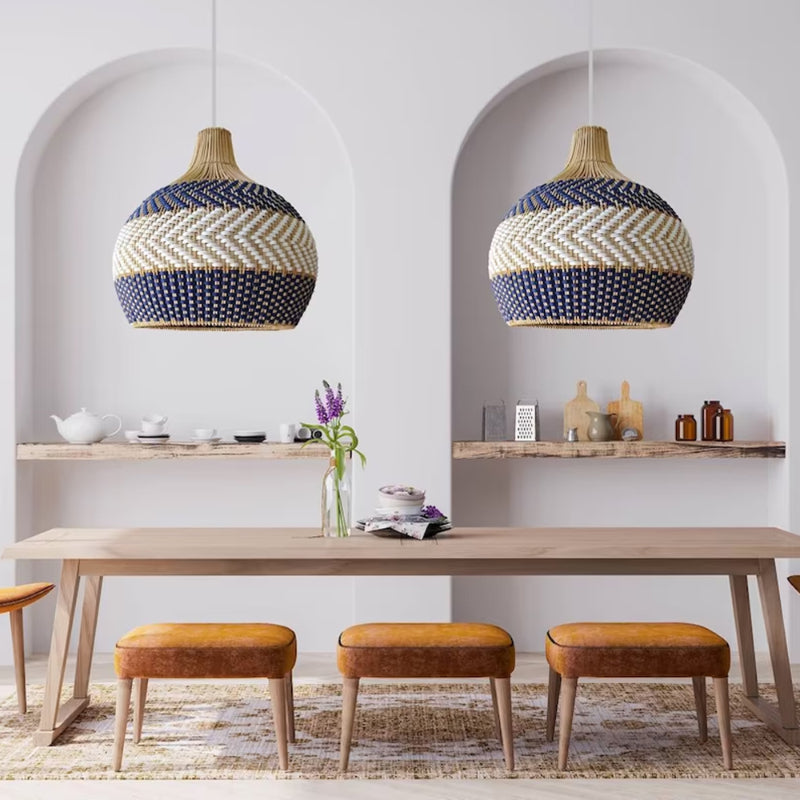 Handwoven Blue and White Rattan Pendant Light