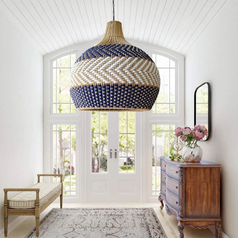 Handwoven Blue and White Rattan Pendant Light