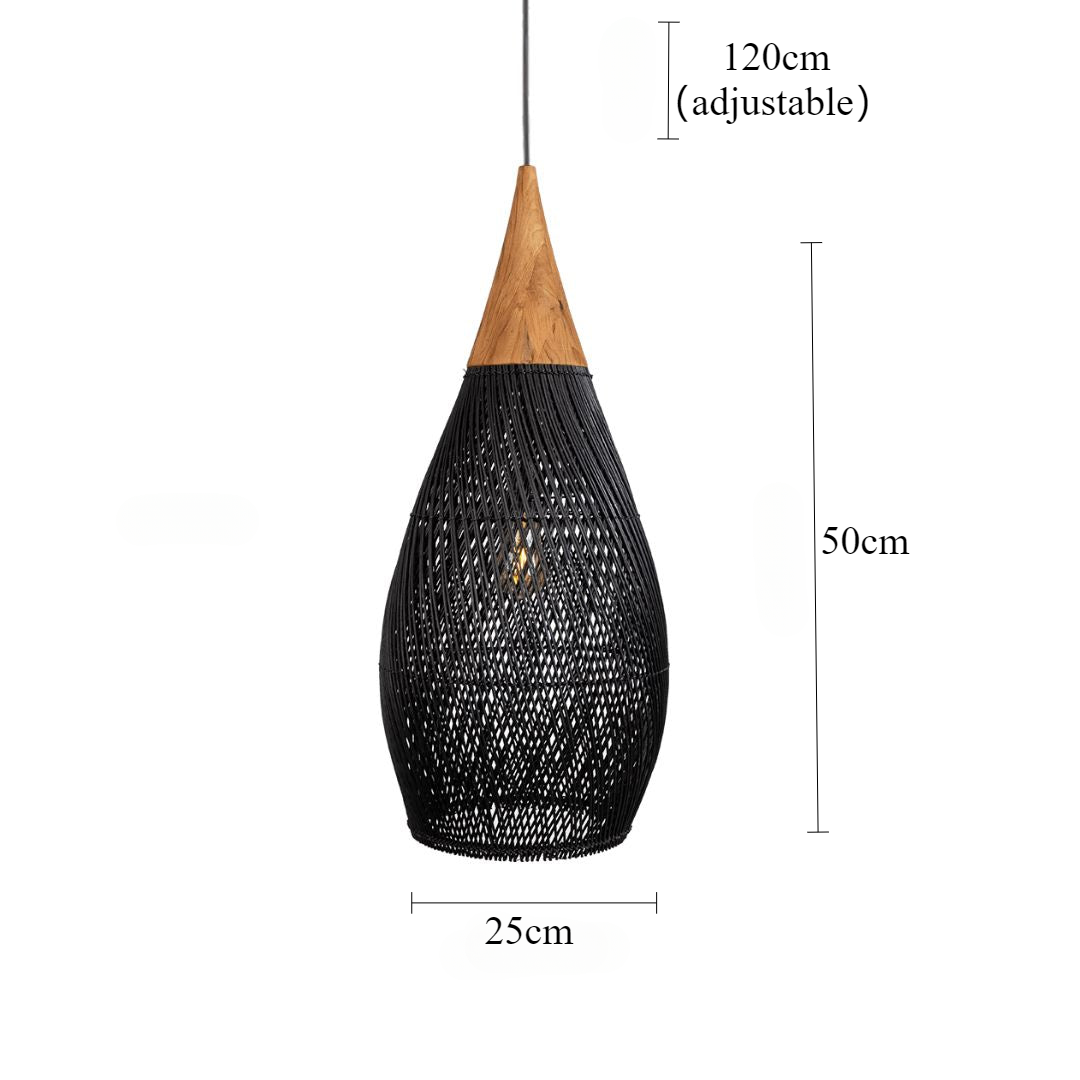 Handcrafted Water-Drop Shaped Rattan and Wood Pendant Light