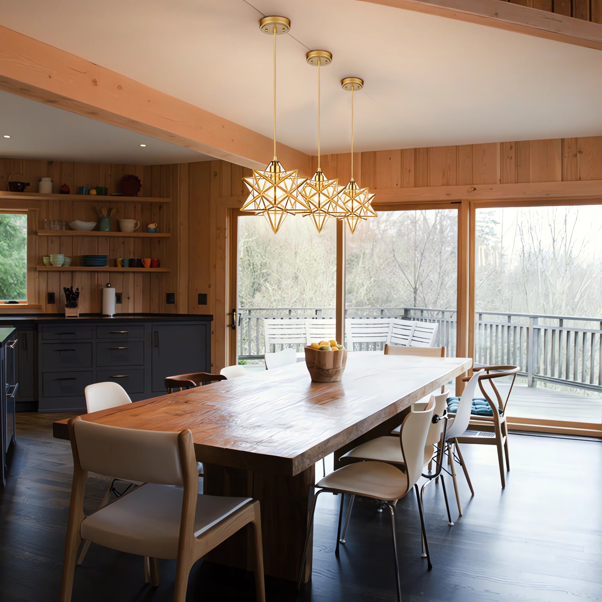 Star-Shaped Glass and Iron Art Pendant Light in Gold and Black