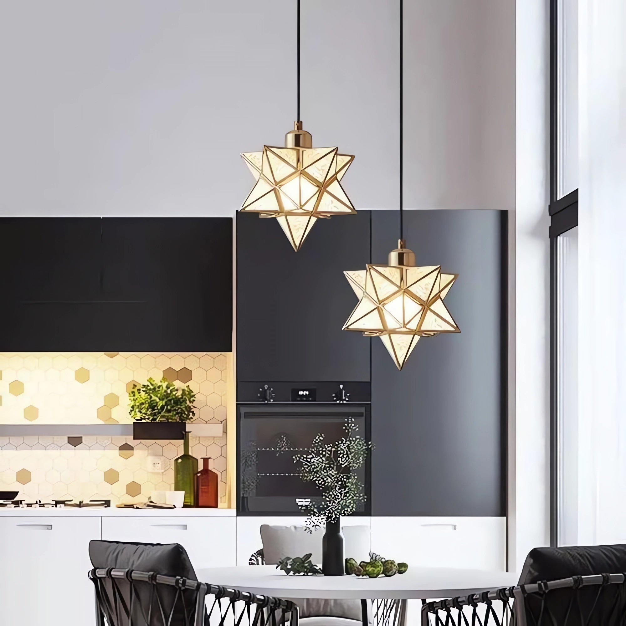 Star-Shaped Glass and Iron Art Pendant Light in Gold and Black