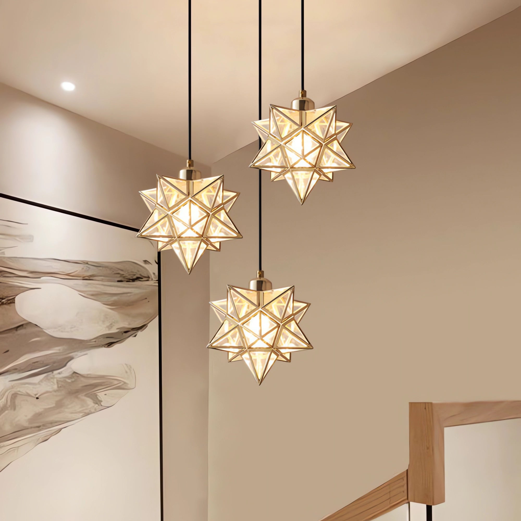 Star-Shaped Glass and Iron Art Pendant Light in Gold and Black