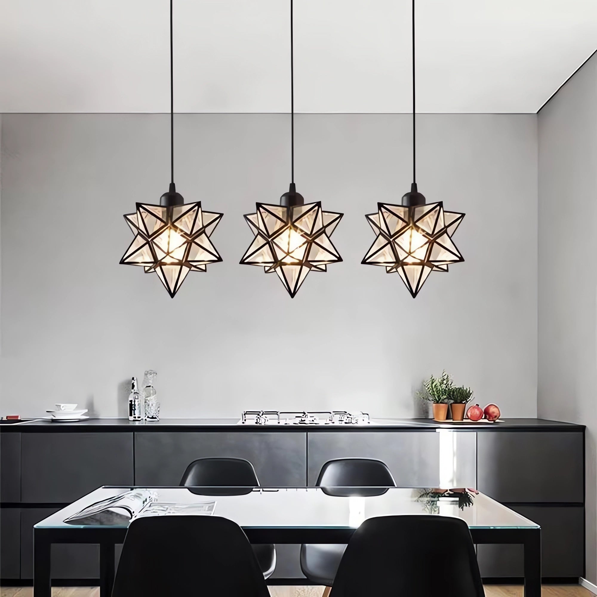 Star-Shaped Glass and Iron Art Pendant Light in Gold and Black