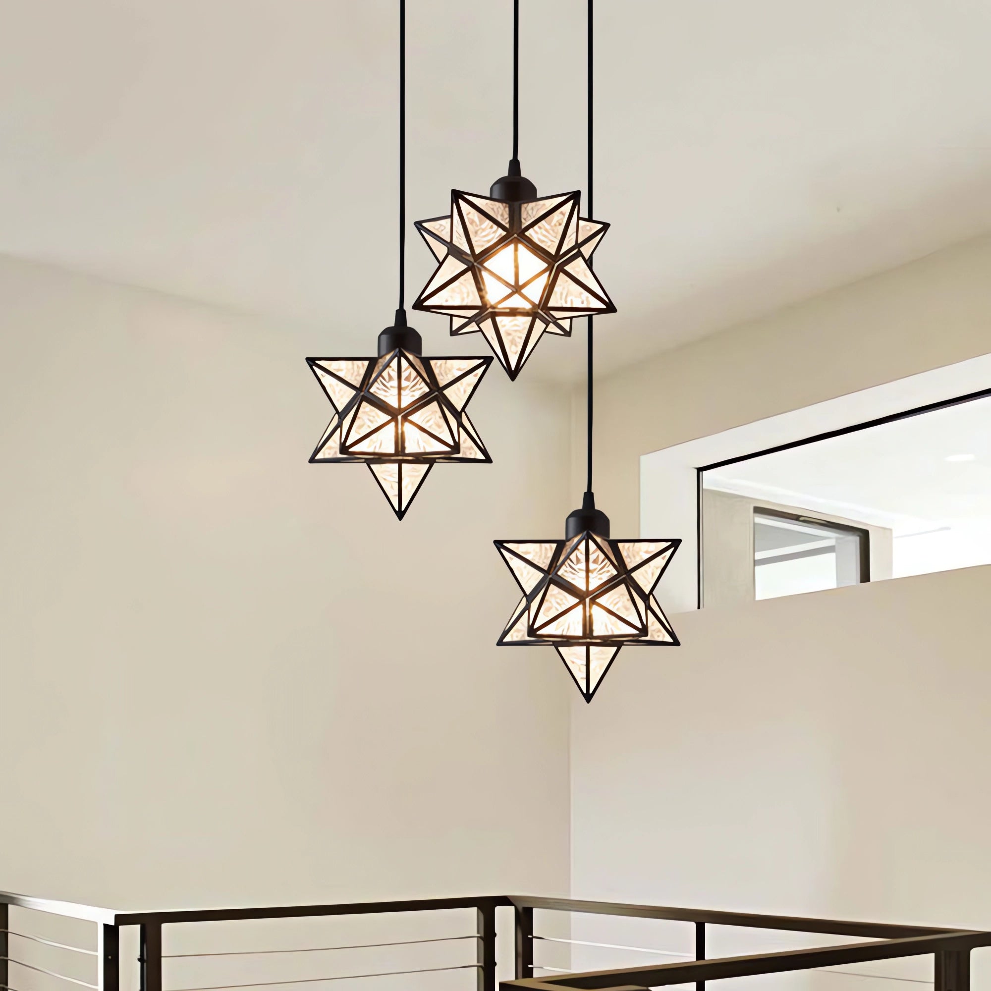 Star-Shaped Glass and Iron Art Pendant Light in Gold and Black