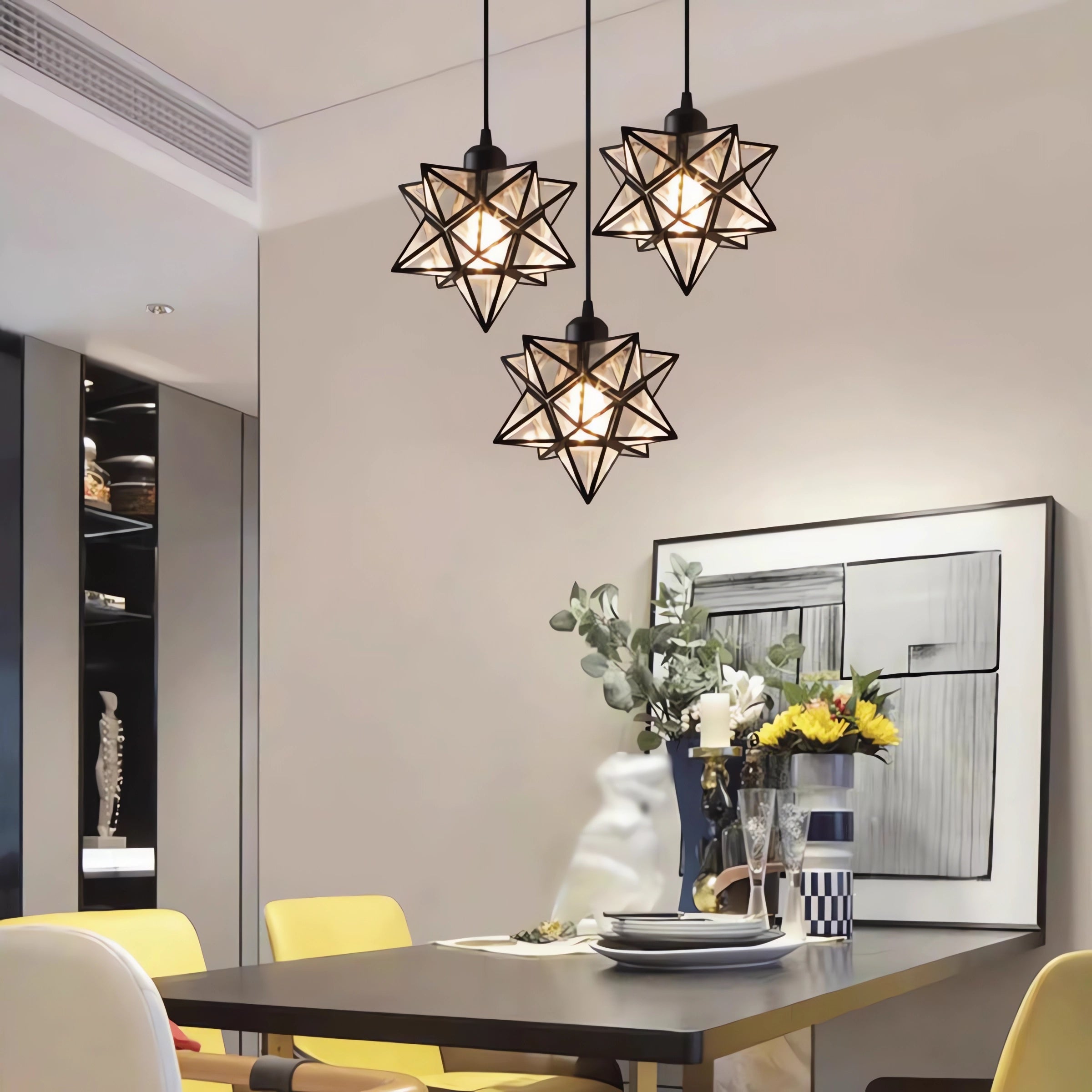 Star-Shaped Glass and Iron Art Pendant Light in Gold and Black