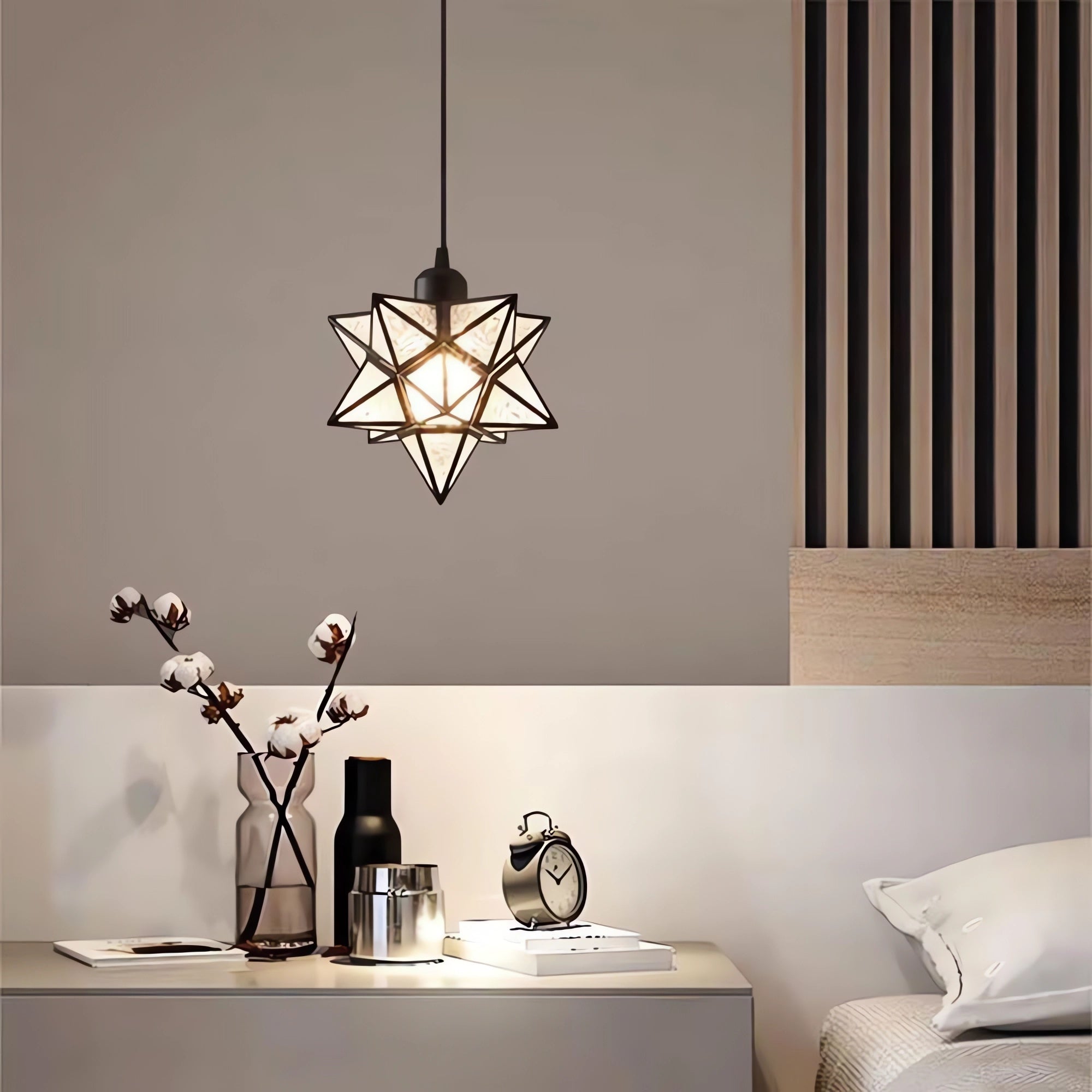 Star-Shaped Glass and Iron Art Pendant Light in Gold and Black