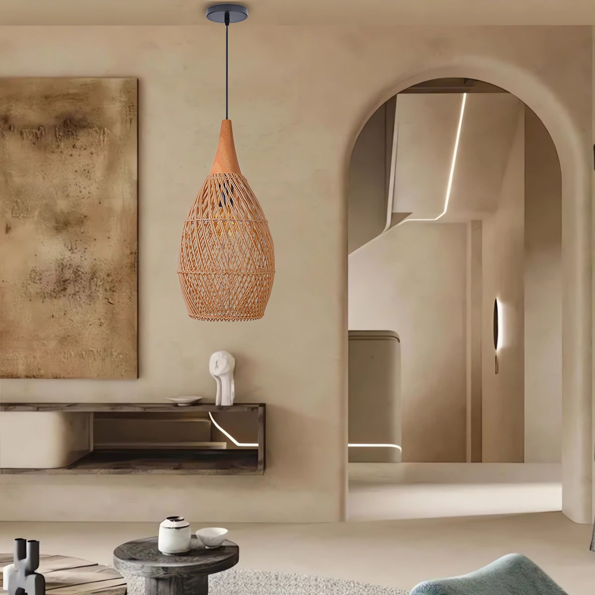 Handcrafted Water Drop Shaped Rattan Wood Pendant Light