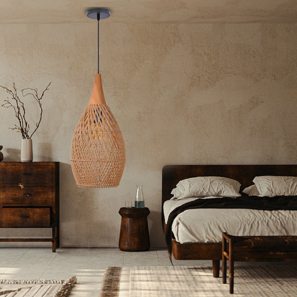 Handcrafted Water-Drop Shaped Rattan and Wood Pendant Light