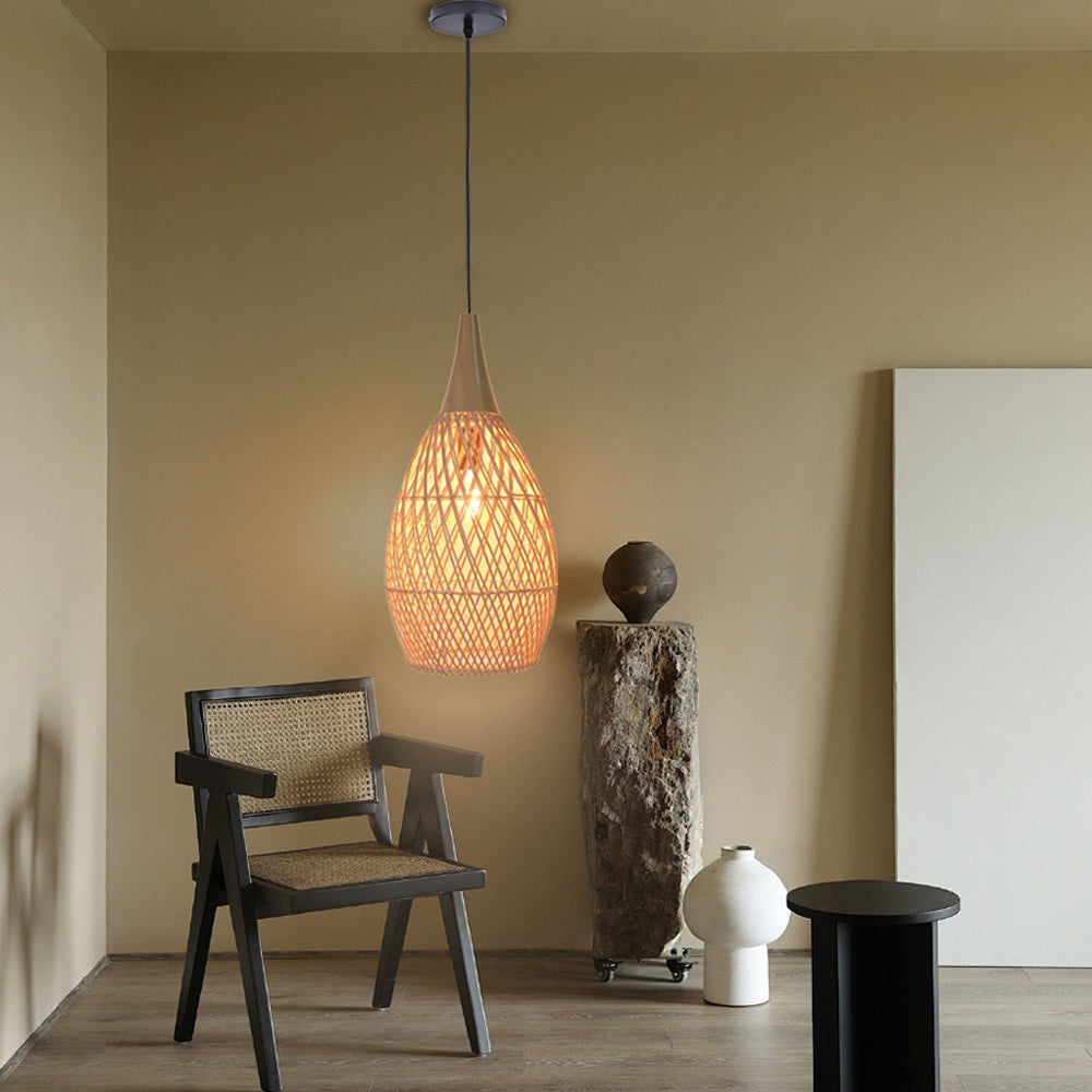 Handcrafted Water-Drop Shaped Rattan and Wood Pendant Light