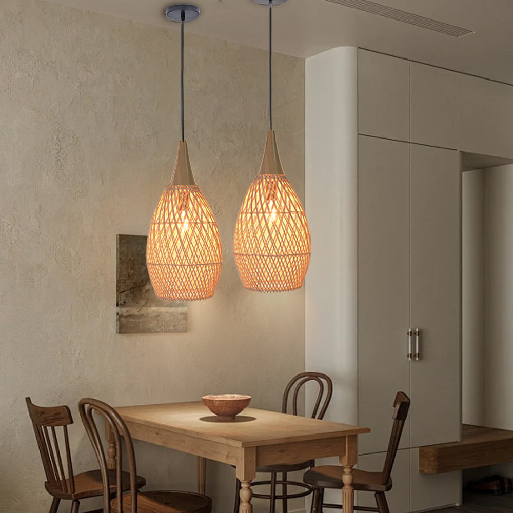 Handcrafted Water-Drop Shaped Rattan and Wood Pendant Light