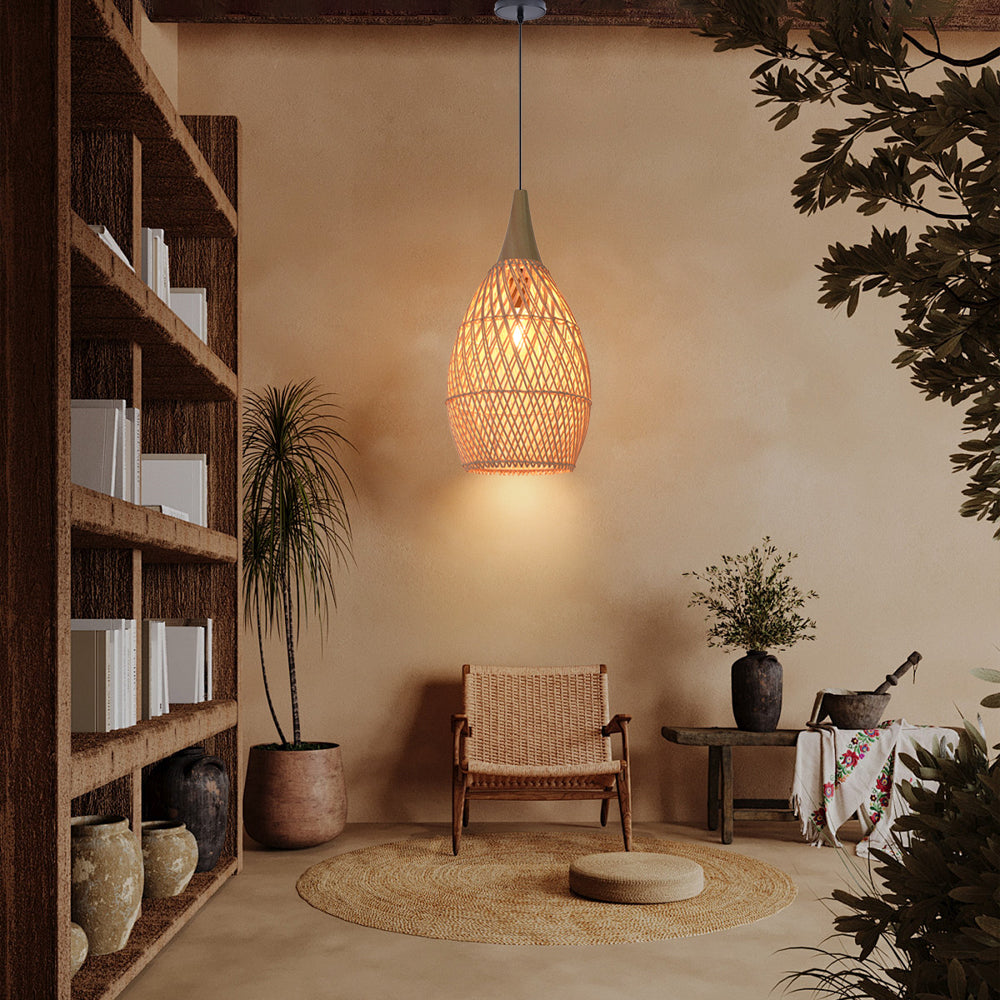 Handcrafted Water-Drop Shaped Rattan and Wood Pendant Light