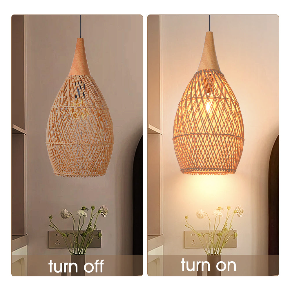 Handcrafted Water-Drop Shaped Rattan and Wood Pendant Light