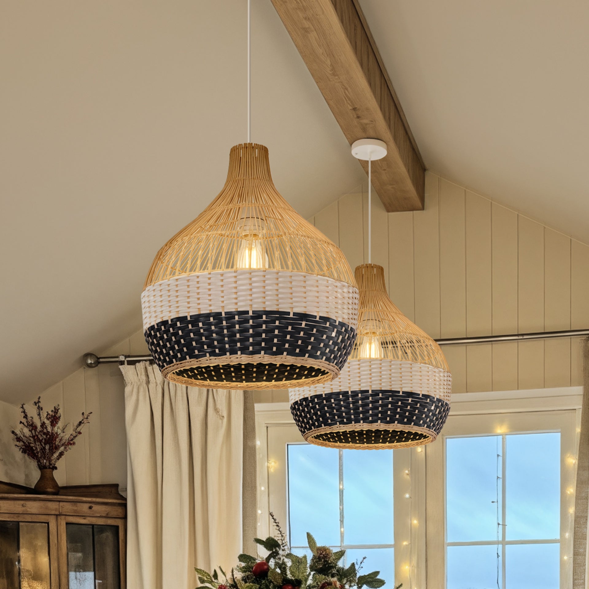 Dewlight & White Rattan Pendant Lighting Farmhouse Kitchen Island Light
