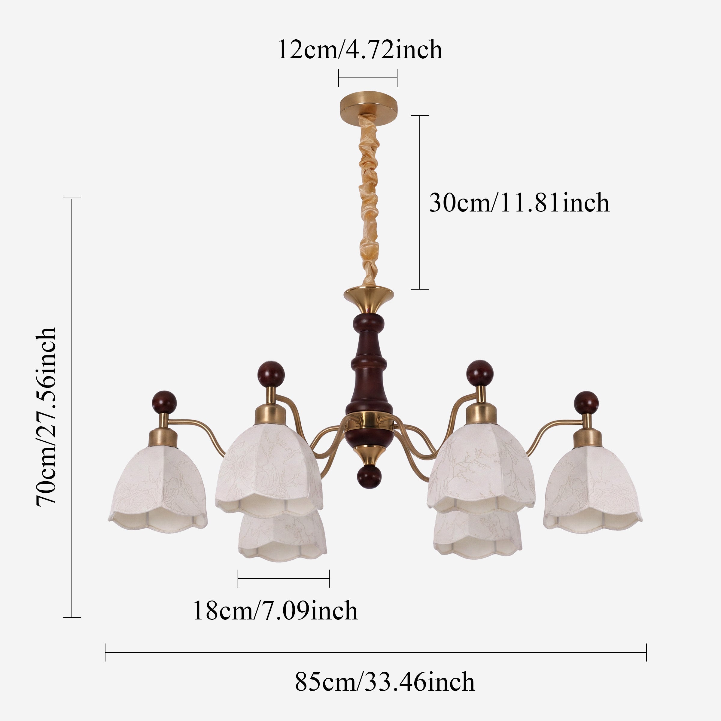 6-light chandelier with yellow fabric shades with close-up glass flower detail