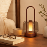 portable lantern-style ambient table lamp with close-up shade and base details