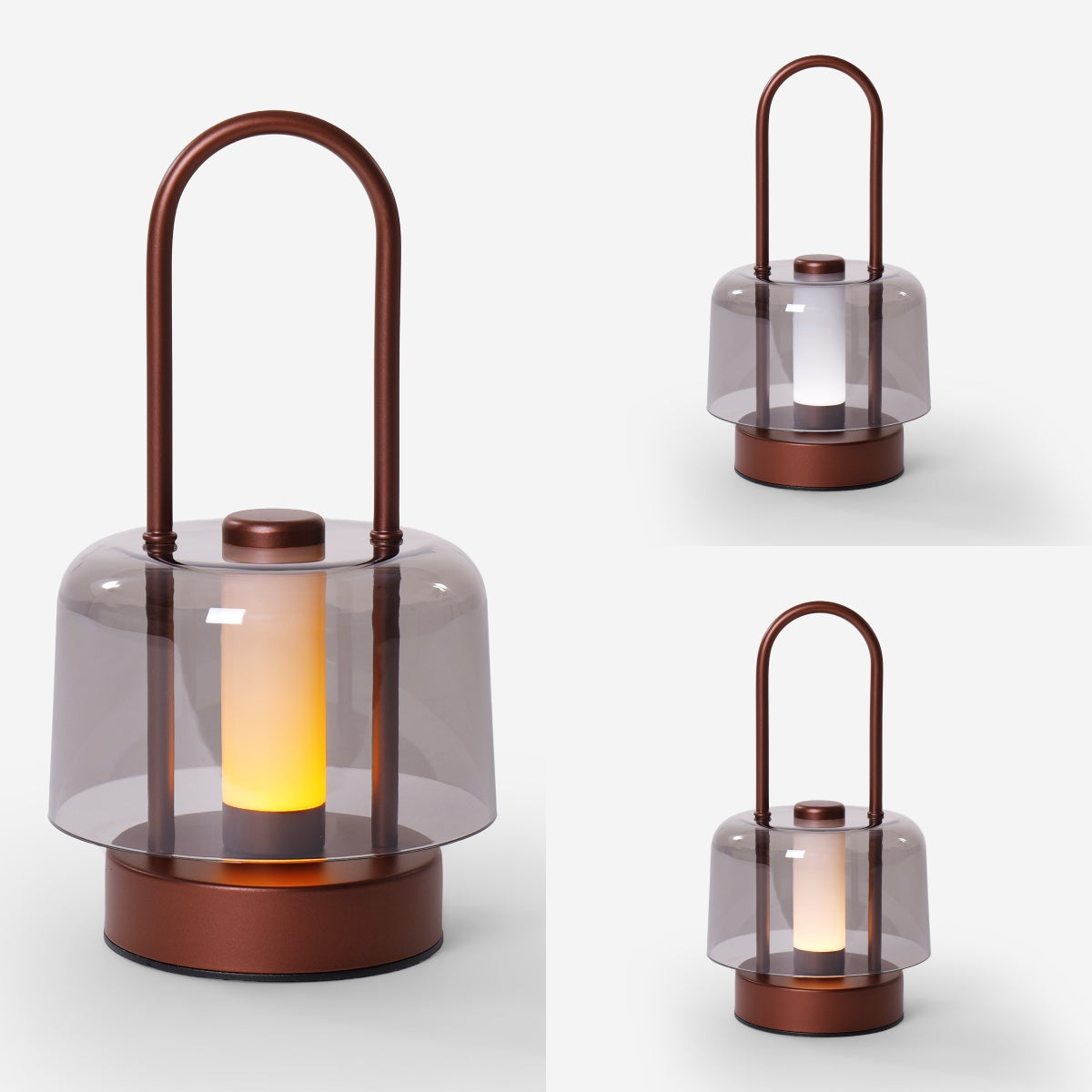 portable lantern-style ambient table lamp on a desk with soft ambient light