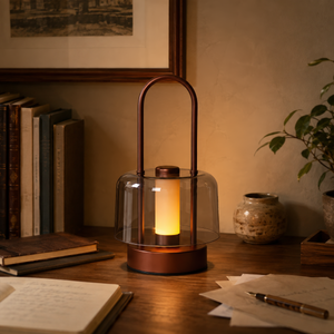 portable lantern-style ambient table lamp on a desk with soft ambient light