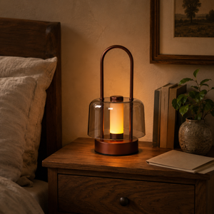 portable lantern-style ambient table lamp glowing on a bedside table