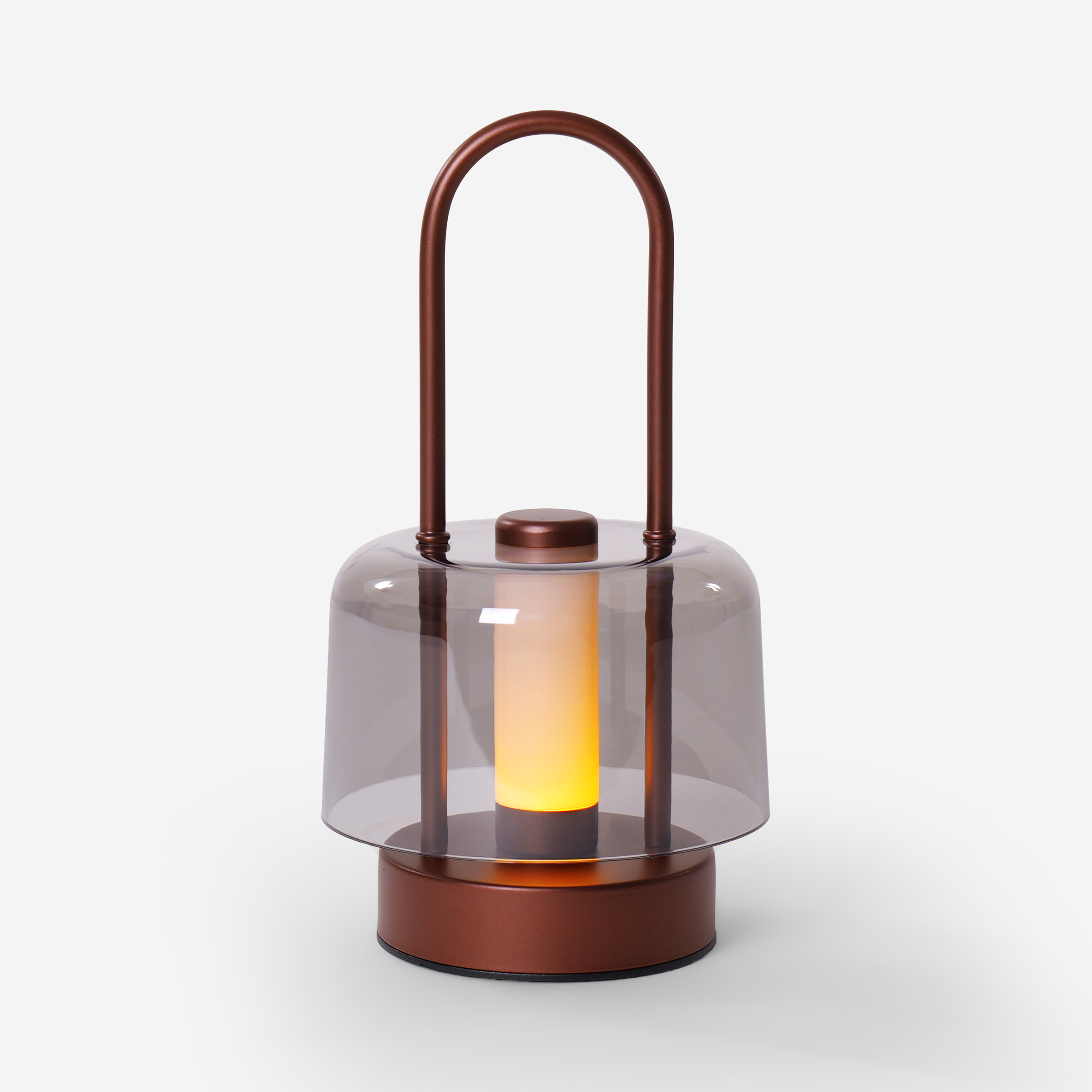 portable lantern-style ambient table lamp styled on a small side table