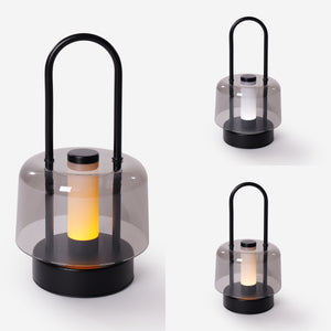 portable lantern-style ambient table lamp with close-up shade and base details