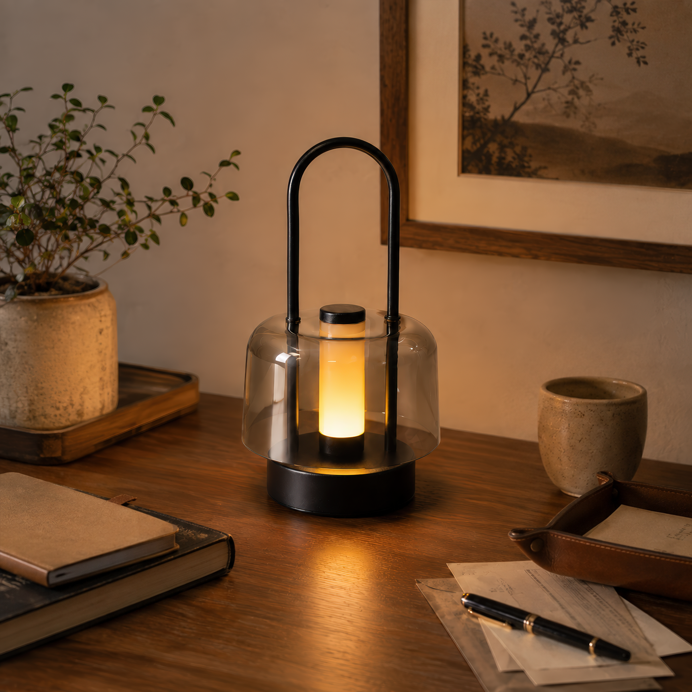 portable lantern-style ambient table lamp beside books and evening decor