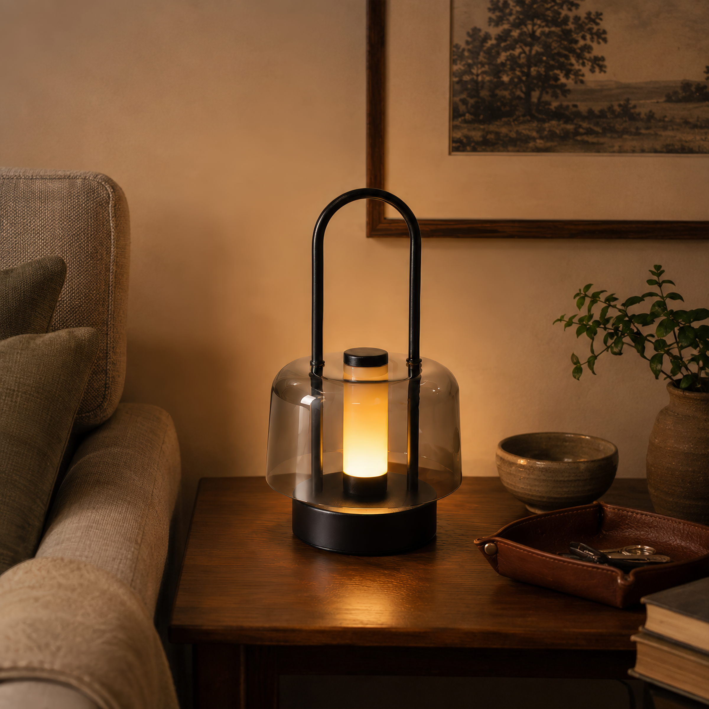 portable lantern-style ambient table lamp with close-up shade and base details