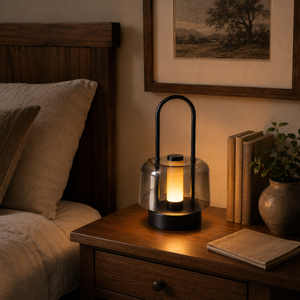 portable lantern-style ambient table lamp styled on a small side table