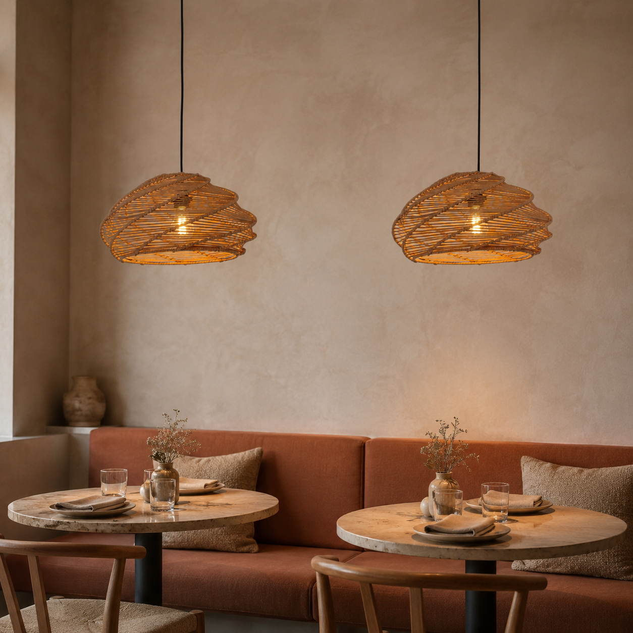 pair of woven rattan pendant lights above a warm restaurant dining table