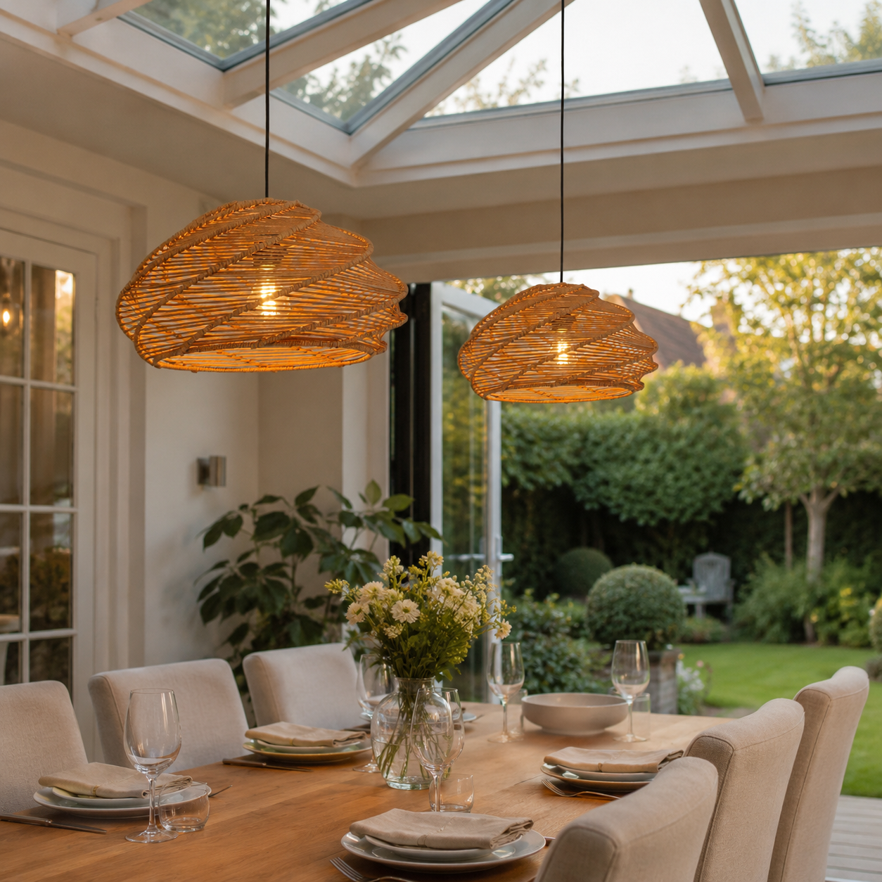 woven rattan pendant lights above a sunlit dining table under a glass roof