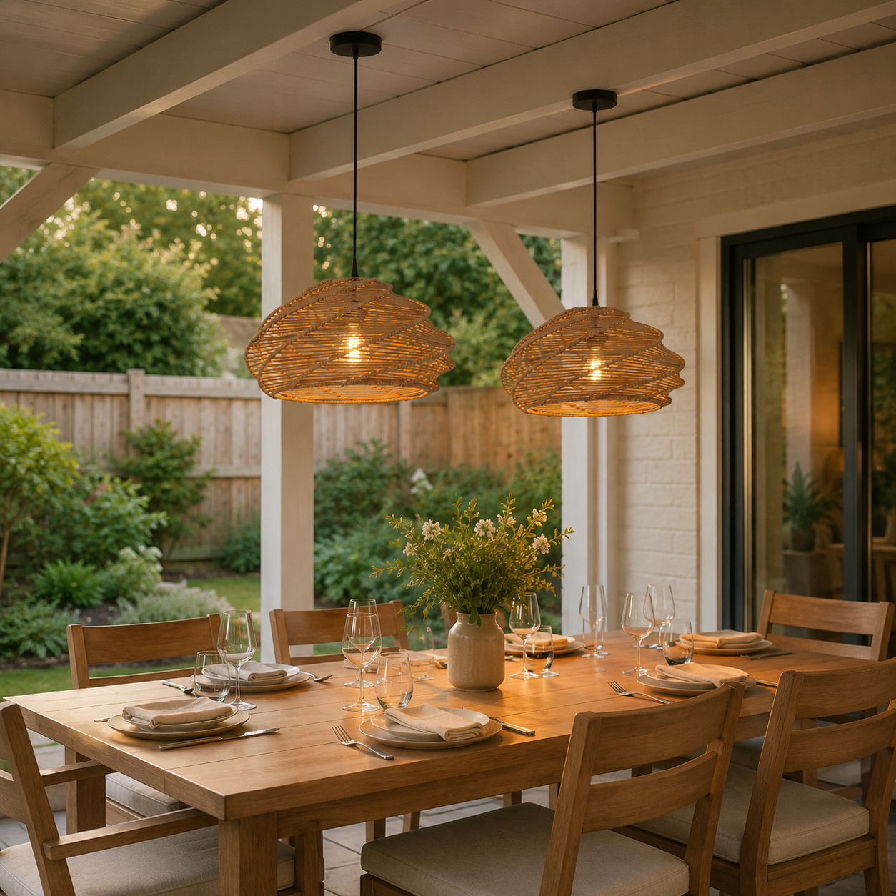pair of spiral rattan pendant lights over a wooden dining table by patio doors