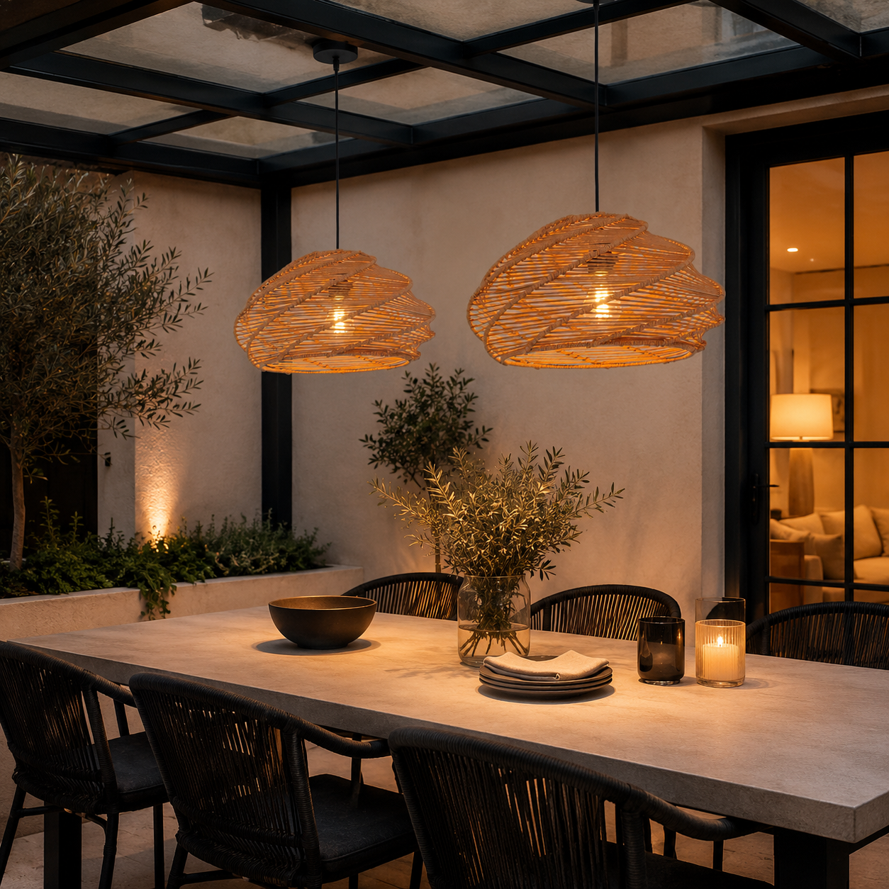 warm rattan pendant lights above an evening terrace dining table