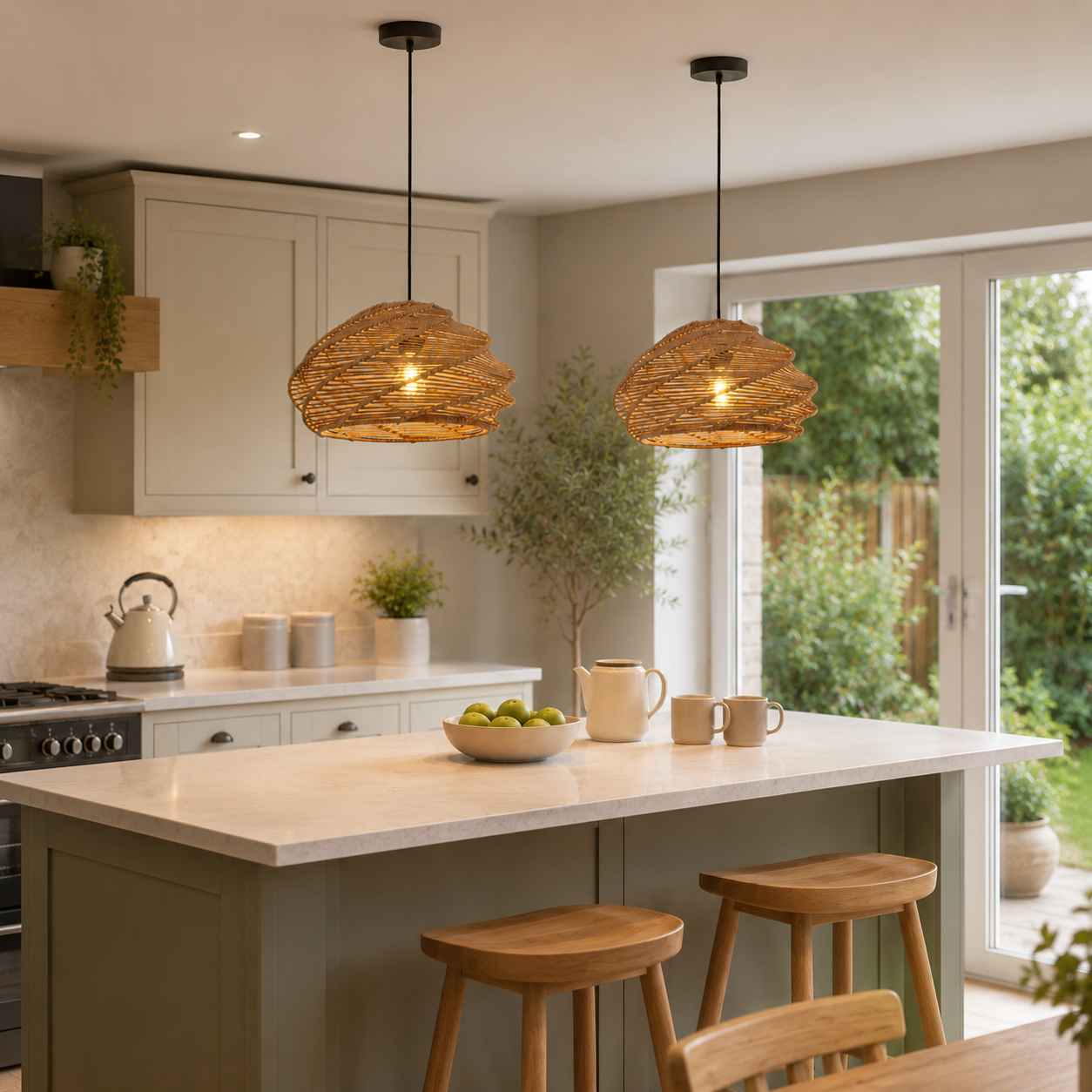 two spiral rattan pendant lights over a kitchen island beside garden doors