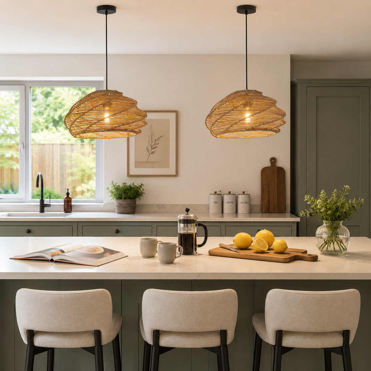 two rattan spiral pendant lights over a modern kitchen island with white stools