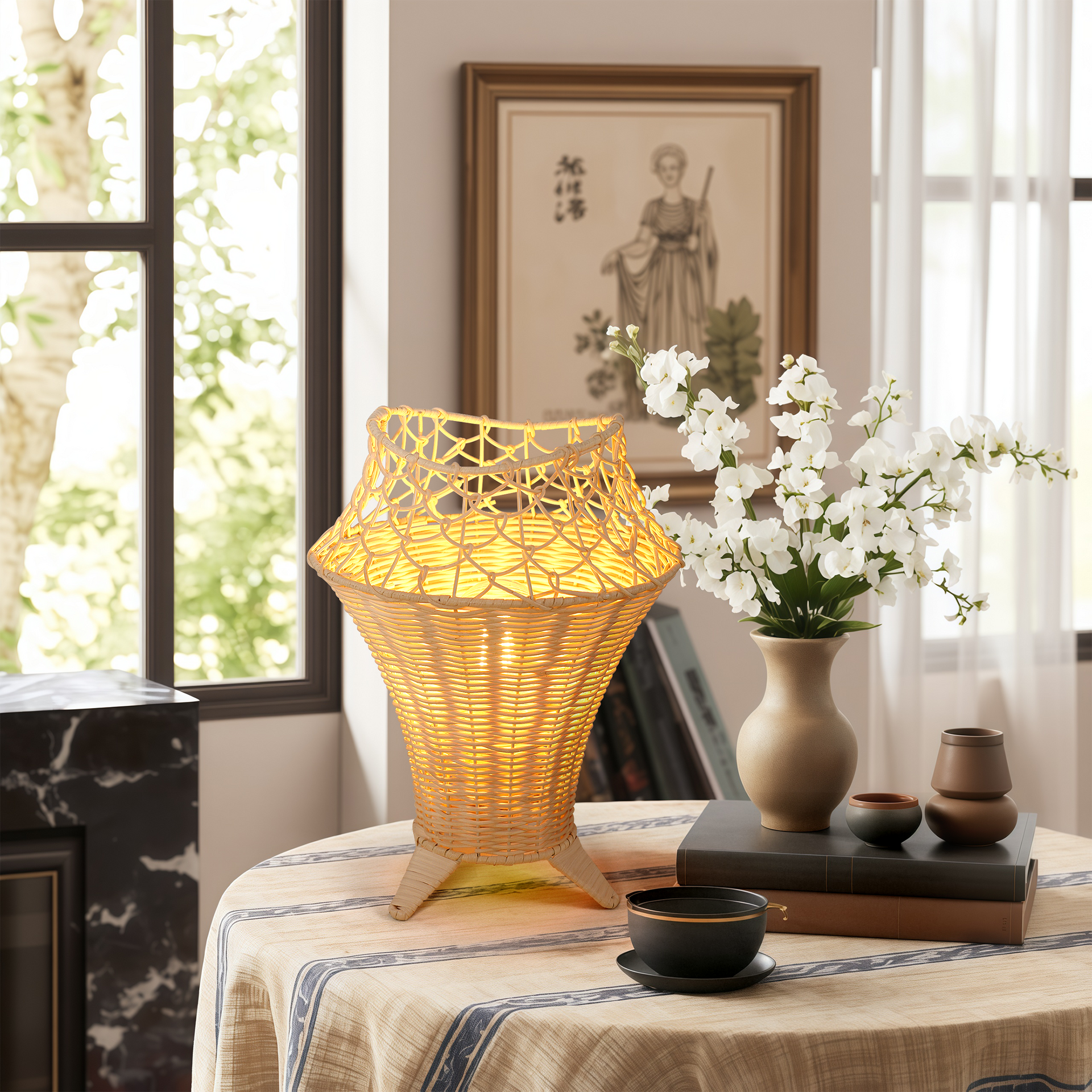 Net Pattern Fish Mouth Design Rattan Table Lamp