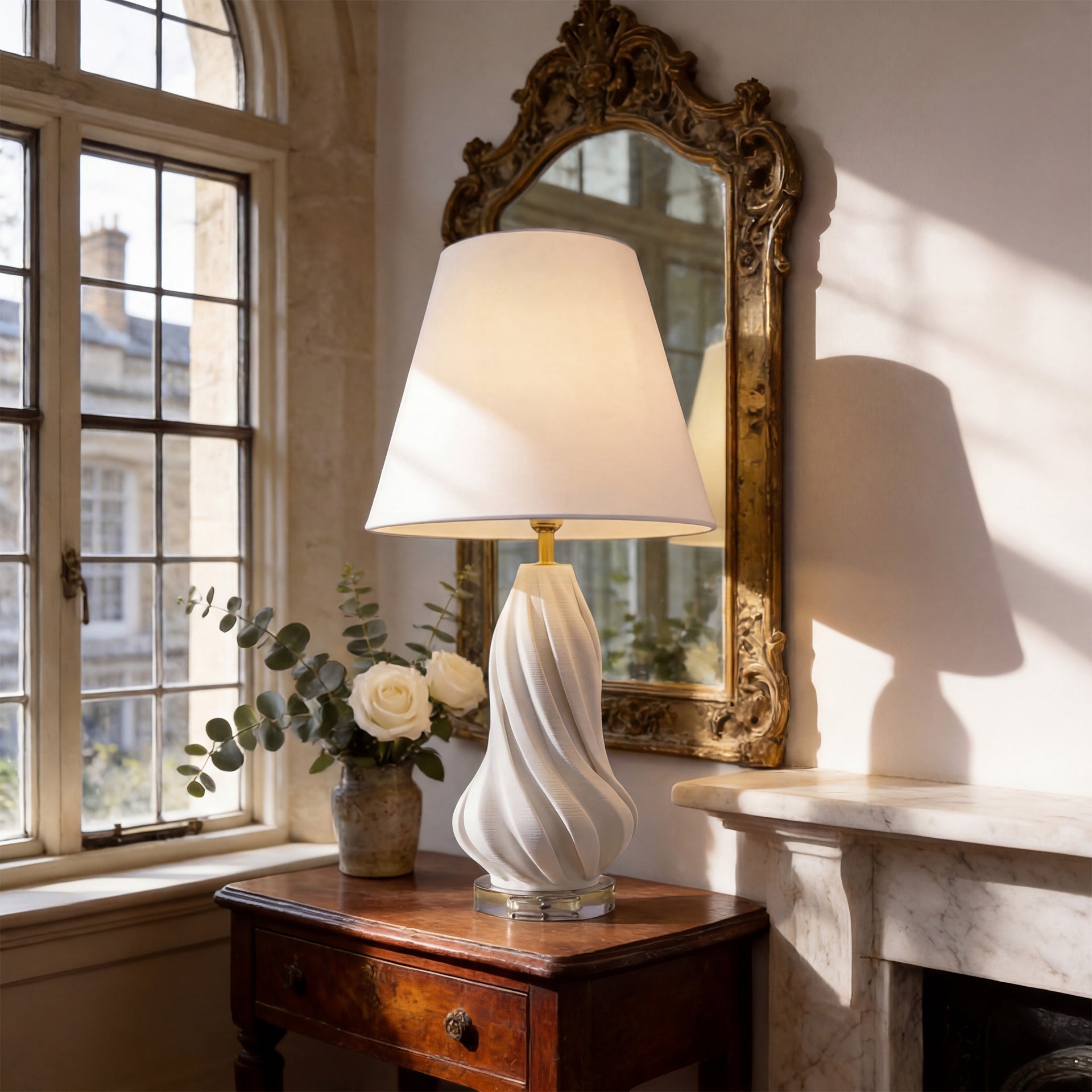 3D Pure Ceramic Spiral Vase Table Lamp Fabric Shade