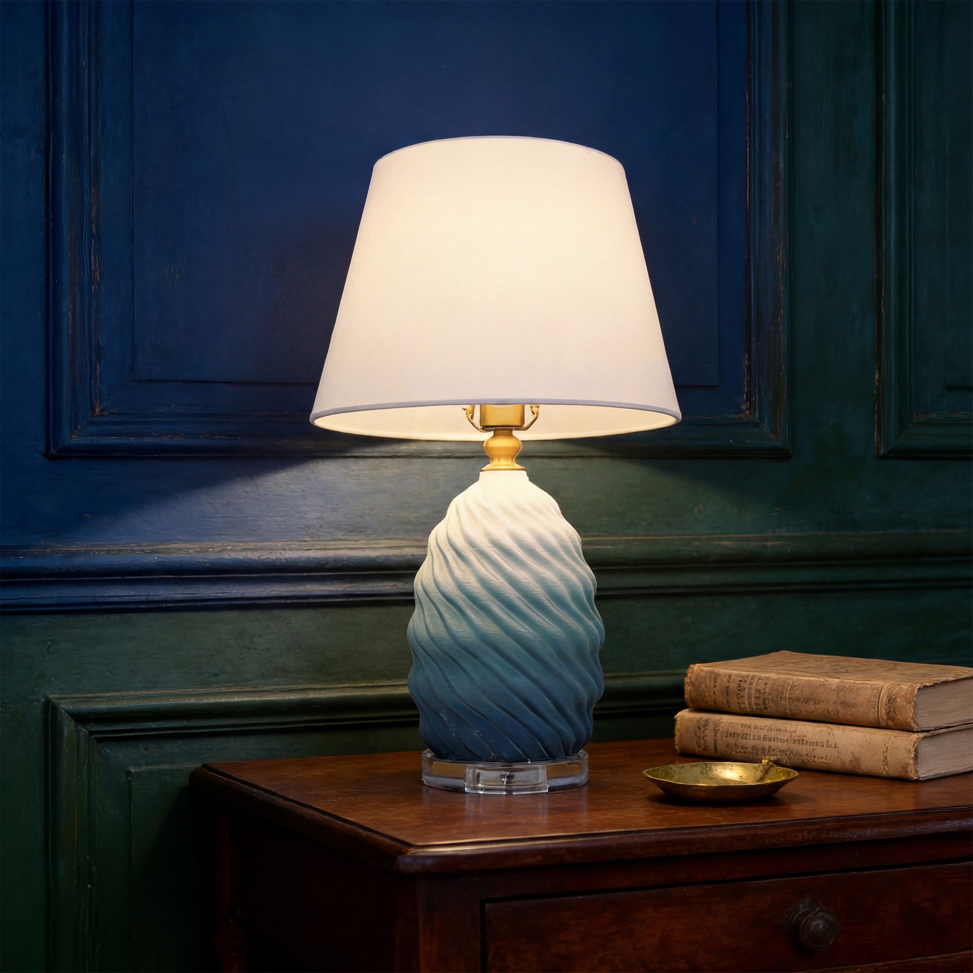 3D Blue Green Gradient Threaded Ceramic Table Lamp Fabric Shade